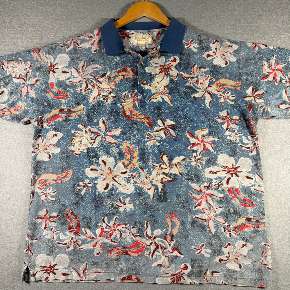 Kahala Hawaiian Islands Mens Large‎ Blue Floral Cotton Pique Polo Shirt